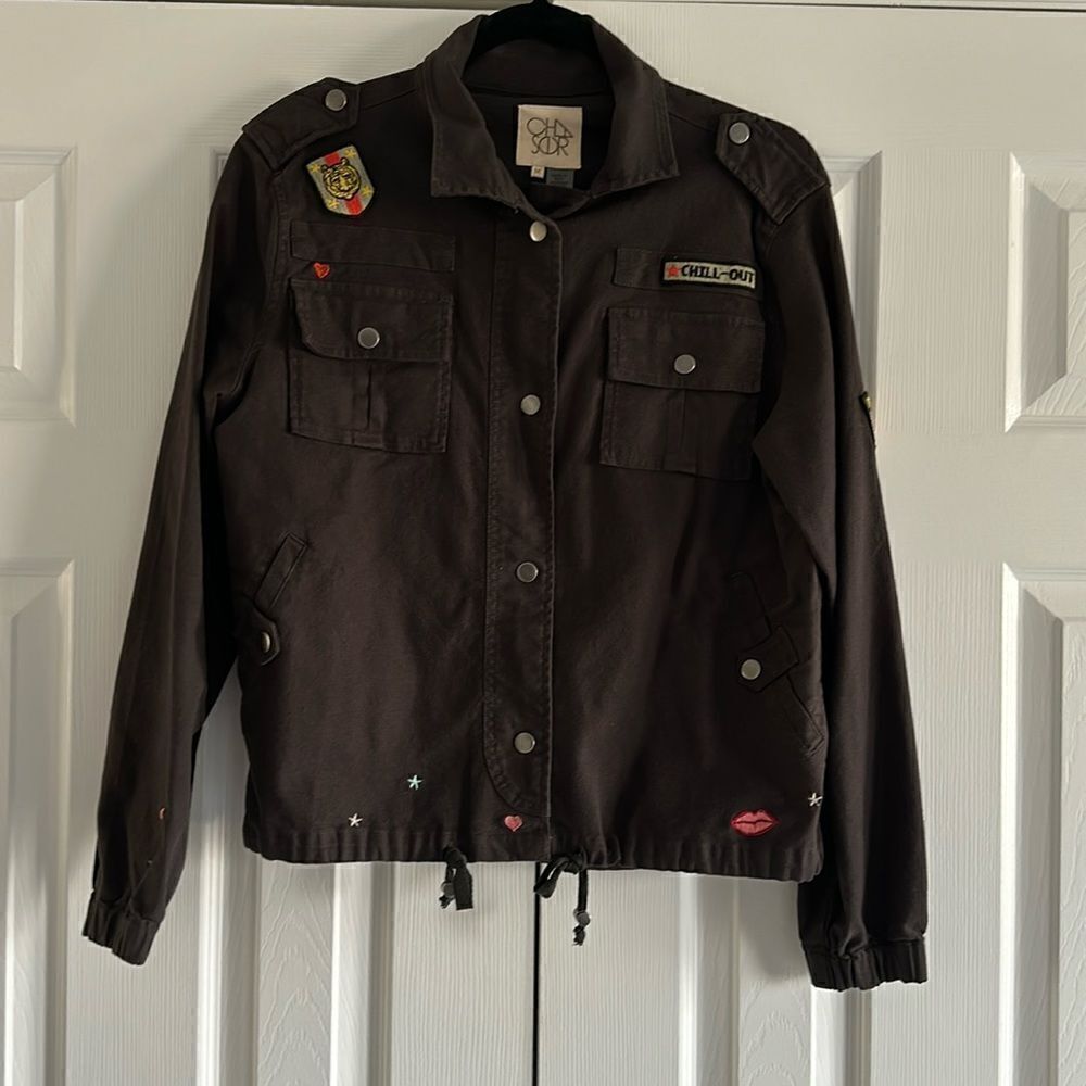 Chaser Women’s Black Canvas Military Jacket with Patches, Size M